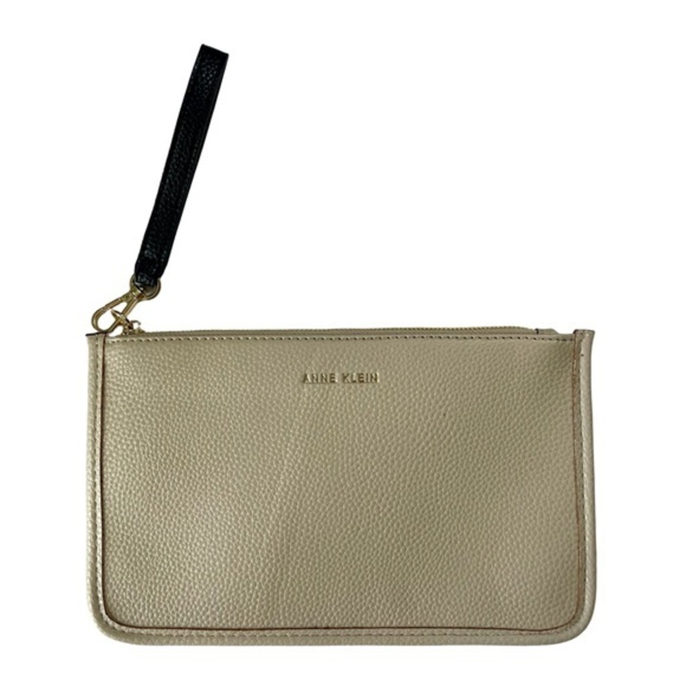 Anne Klein Tan Pebbled Leather Wristlet Zip Closure Detachable Strap